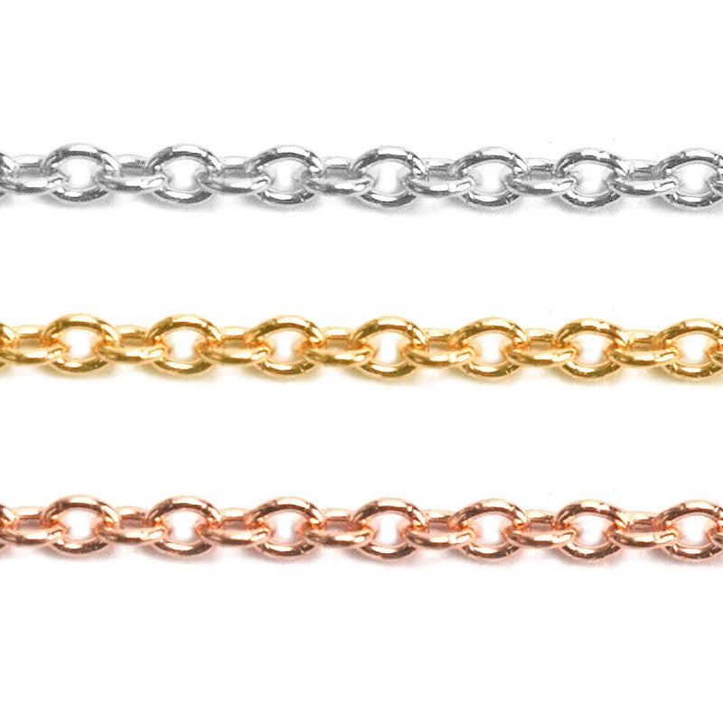 Sterling Silver, Oxidized, Yellow & Pink Gold Filled Oval Cable Chain 1.1mm - 5 Ft. (60 Inch) Pack - Otto Frei
