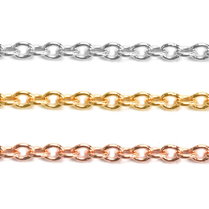 Sterling Silver, Oxidized, Yellow & Pink Gold Filled Oval Cable Chain 1.1mm - 5 Ft. (60 Inch) Pack - Otto Frei