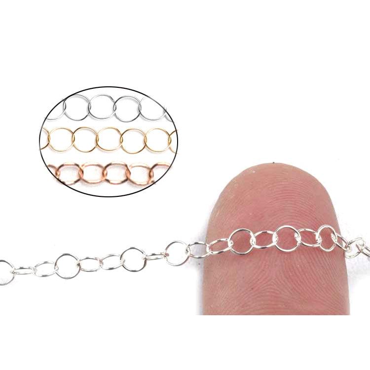 Sterling Silver, Yellow & Pink Gold Filled Open Round Cable Chain 3.4mm - 5 Ft. (60 Inch) Pack - Otto Frei